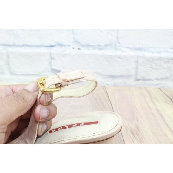 PRADA Nude Bow Leather Slingback Peep Toe Wedge Sandals Size EU 38 US 8 - Picture 10 of 12